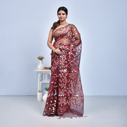Banaras Kora Silk Saree with Blouse Piece – Womens Saree on Brown Living™. SKU: STR - MAROON - FLO - 10. Img 10.