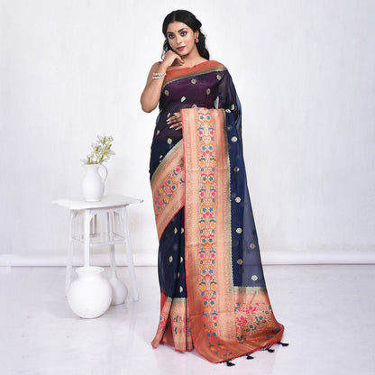 Banaras Kora Silk Saree with Blouse Piece – Womens Saree on Brown Living™. SKU: STR - NAVYBLUE - BUT - 05. Img 5.