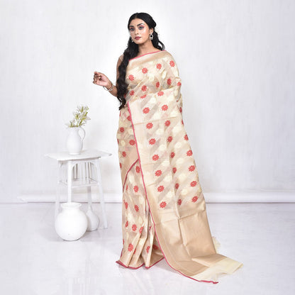 Banaras Kora Silk Saree with Blouse Piece – Womens Saree on Brown Living™. SKU: STR - OFFWHITE - FLO - 04. Img 4.
