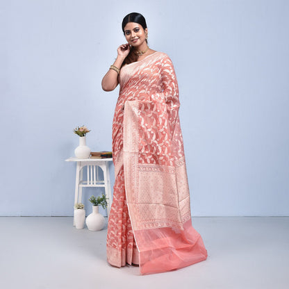 Banaras Kora Silk Saree with Blouse Piece – Womens Saree on Brown Living™. SKU: STR - PEACH - LEAF - 11. Img 11.