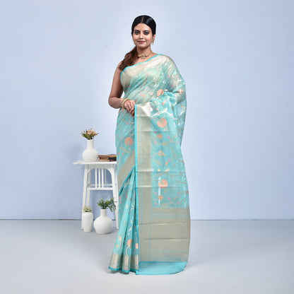 Banaras Kora Silk Saree with Blouse Piece – Womens Saree on Brown Living™. SKU: STR - SEAGREEN - FLO - 13. Img 13.