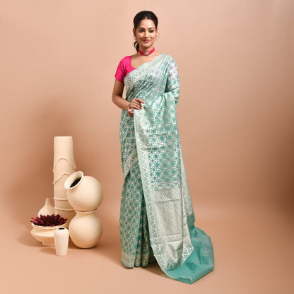 Banaras Kora Silk Saree with Blouse Piece – Womens Saree on Brown Living™. SKU: STR - SEAGREEN - GEO - 01. Img 1.