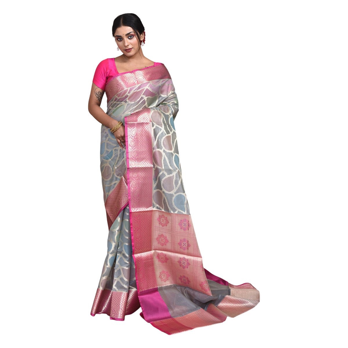 Banaras Kora Silk Saree with Blouse Piece – Womens Saree on Brown Living™. SKU: STR - SEAGREEN - KOL - 07. Img 7.