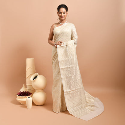 Banaras Kora Silk Saree with Blouse Piece – Womens Saree on Brown Living™. SKU: STR - WHITE - FLO - 03. Img 3.