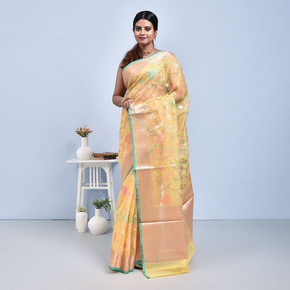 Banaras Kora Silk Saree with Blouse Piece – Womens Saree on Brown Living™. SKU: STR - YELLOW - FLO - 12. Img 12.