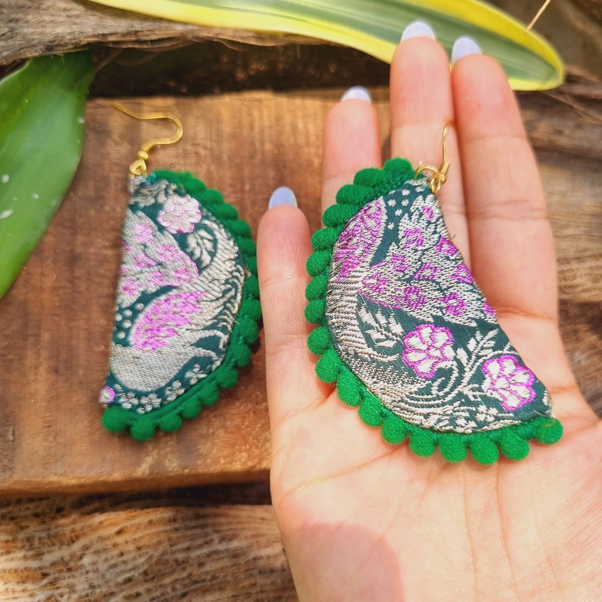 Banarasiya Upcycled Textile Earring - Green | Verified Sustainable by Brown Living™