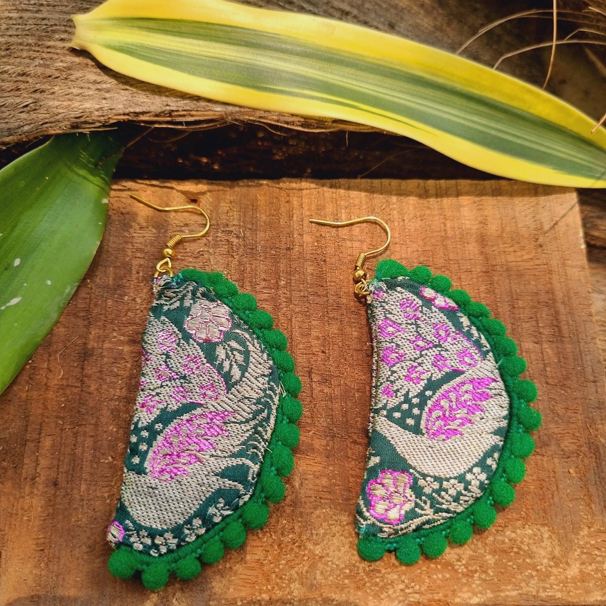 Banarasiya Upcycled Textile Earring - Green | Verified Sustainable by Brown Living™