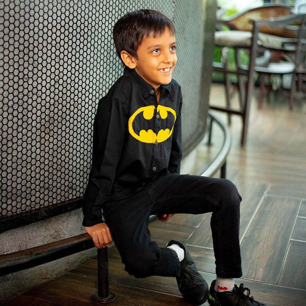 Bat Superhero Chest Icon Embroidered Organic Cotton Shirt - Black – Kids Shirts on Brown Living™. SKU: NANFS005EMB049 - 18M. Img 1.