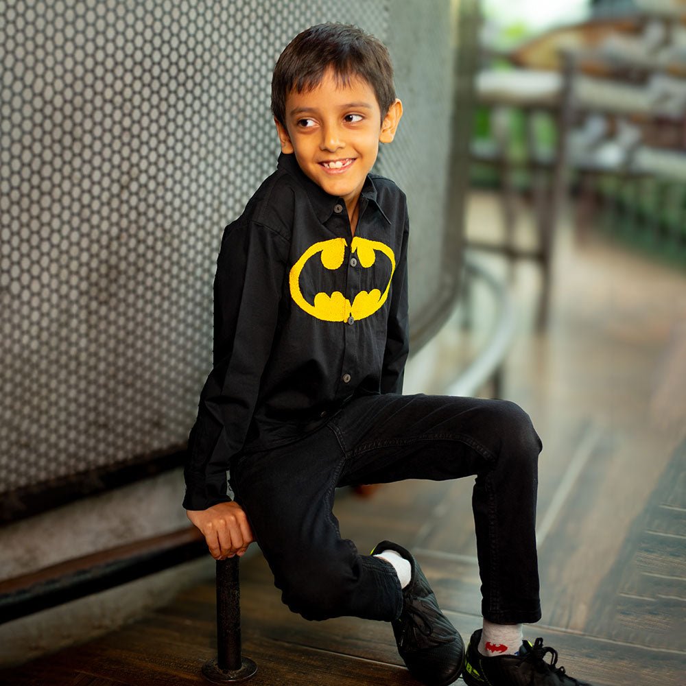 Bat Superhero Chest Icon Embroidered Organic Cotton Shirt - Black – Kids Shirts on Brown Living™. SKU: NANFS005EMB049 - 18M. Img 2.
