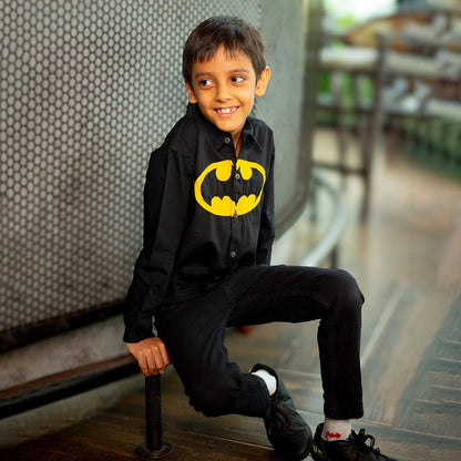 Bat Superhero Chest Icon Embroidered Organic Cotton Shirt - Black – Kids Shirts on Brown Living™. SKU: NANFS005EMB049 - 18M. Img 2.