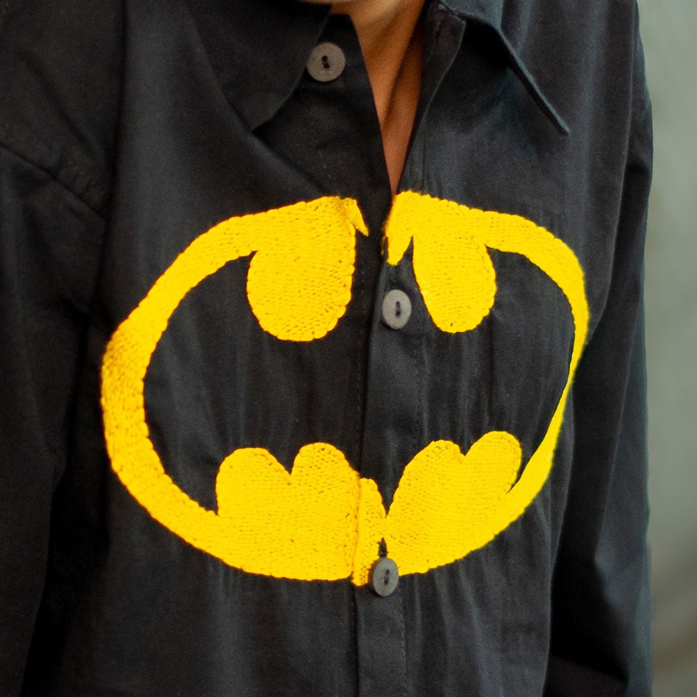 Bat Superhero Chest Icon Embroidered Organic Cotton Shirt - Black – Kids Shirts on Brown Living™. SKU: NANFS005EMB049 - 18M. Img 4.