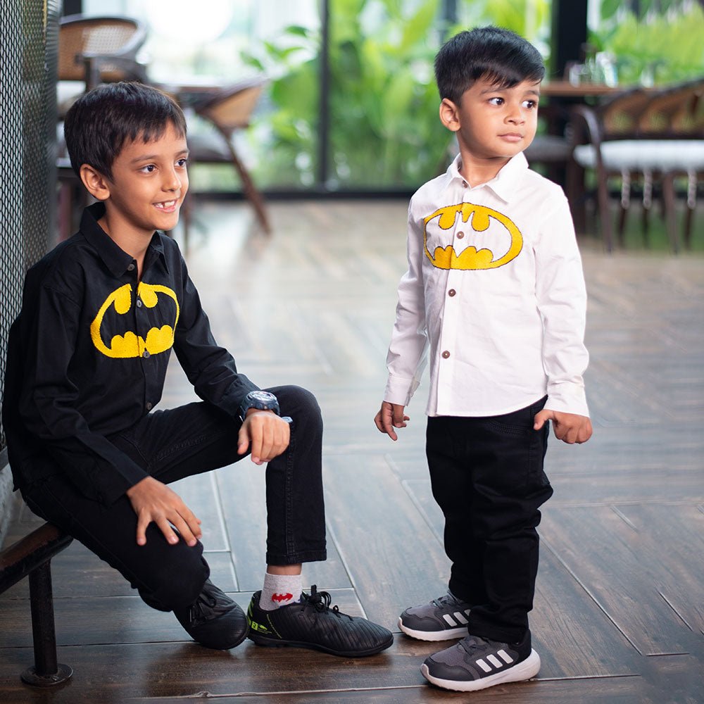 Bat Superhero Chest Icon Embroidered Organic Cotton Shirt – Kids Shirts on Brown Living™. SKU: BSC - 01. Img 9.