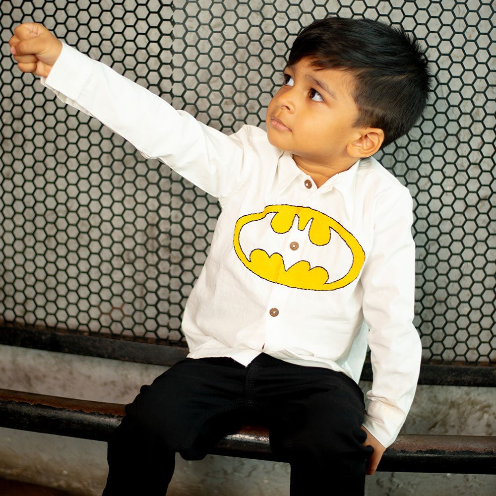 Bat Superhero Chest Icon Embroidered Organic Cotton Shirt - White – Kids Shirts on Brown Living™. SKU: NANFS001EMB049 - 18M. Img 2.