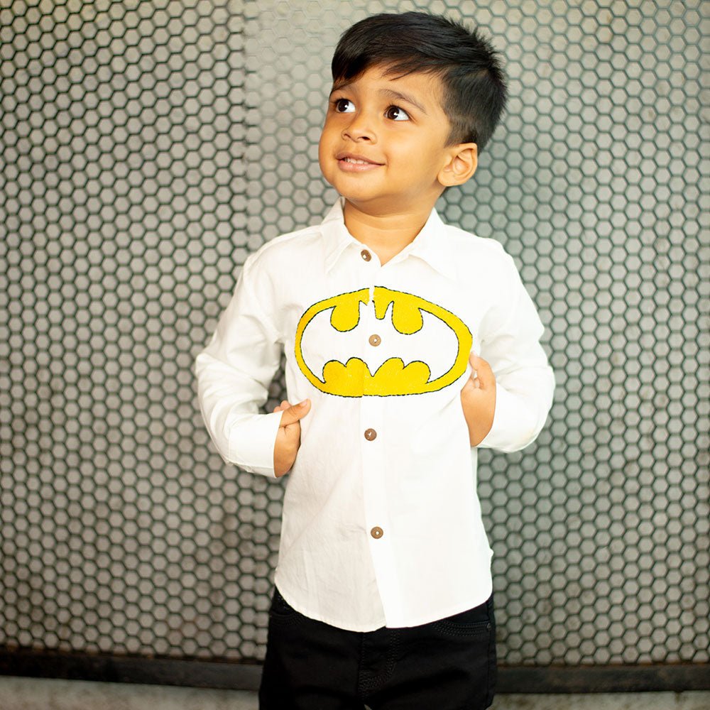 Bat Superhero Chest Icon Embroidered Organic Cotton Shirt - White – Kids Shirts on Brown Living™. SKU: NANFS001EMB049 - 18M. Img 1.