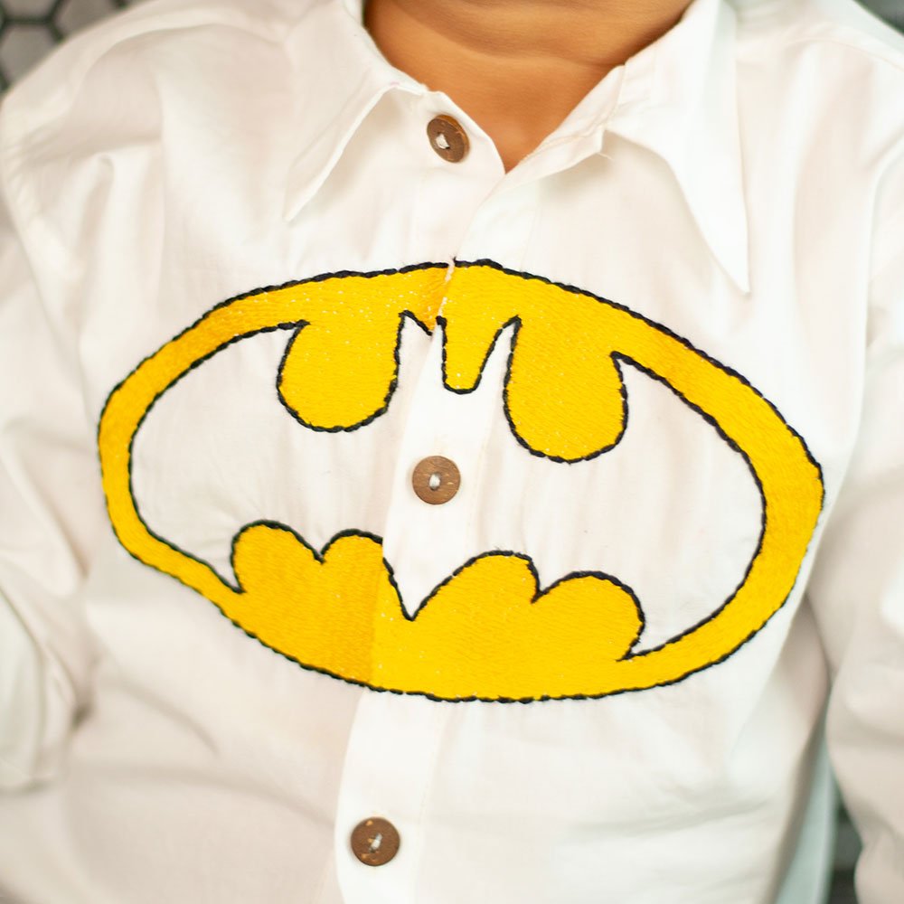 Bat Superhero Chest Icon Embroidered Organic Cotton Shirt - White – Kids Shirts on Brown Living™. SKU: NANFS001EMB049 - 18M. Img 3.