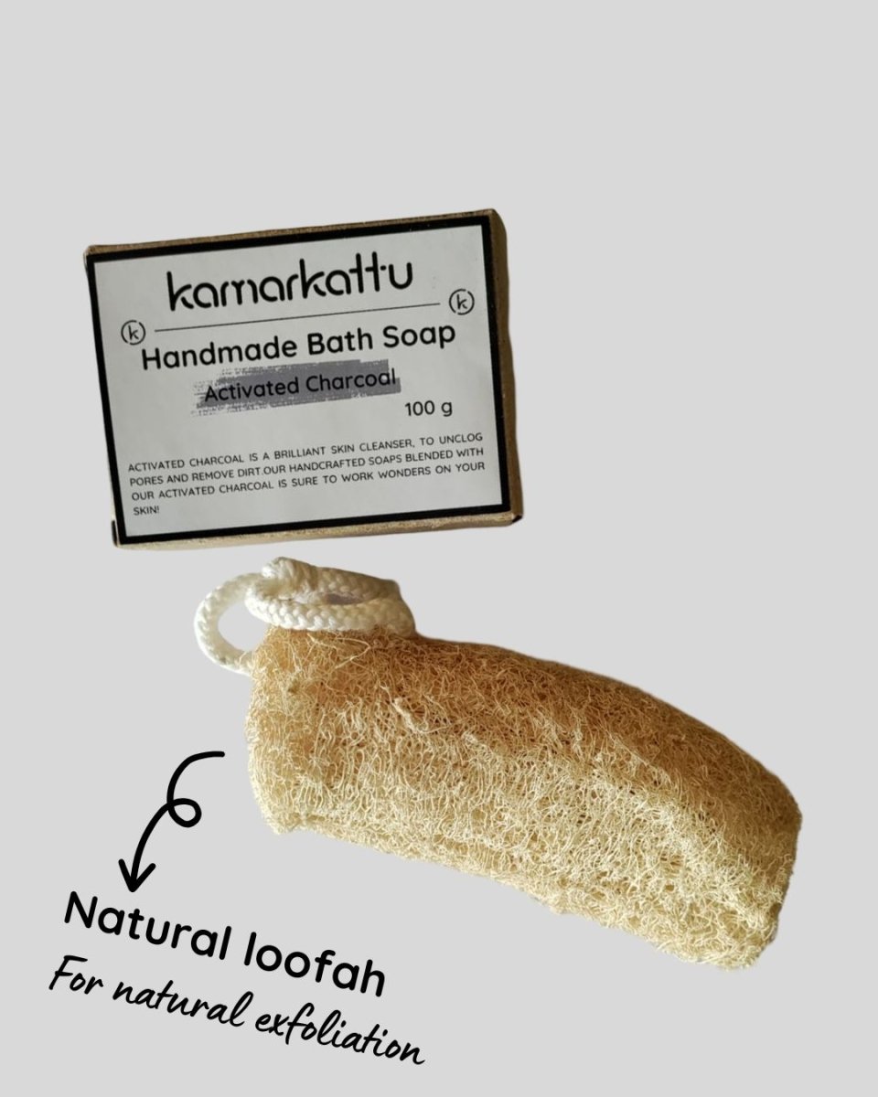 Bath Soap Combo - Activated Charcoal, Lemon, Tulasi & Citrus Vanilla – Body Soap by Kamarkattu Ecostore available on Brown Living™. Activated Charcoal Soap - Pack Of 2 Without Soap Dish. SKU: acs2withloofah. Img 3.