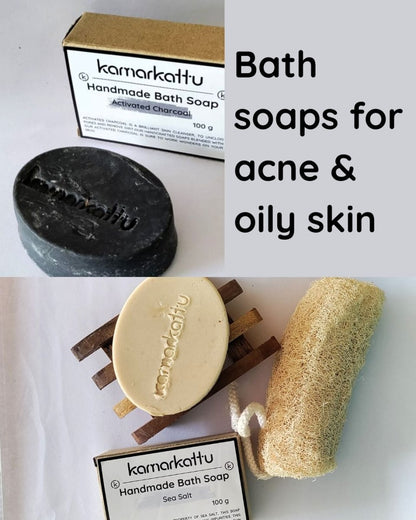 Bath Soap Combo - Activated Charcoal, Lemon, Tulasi & Citrus Vanilla – Body Soap by Kamarkattu Ecostore available on Brown Living™. One Of Each Without Soap Dish. SKU: oily2. Img 1.