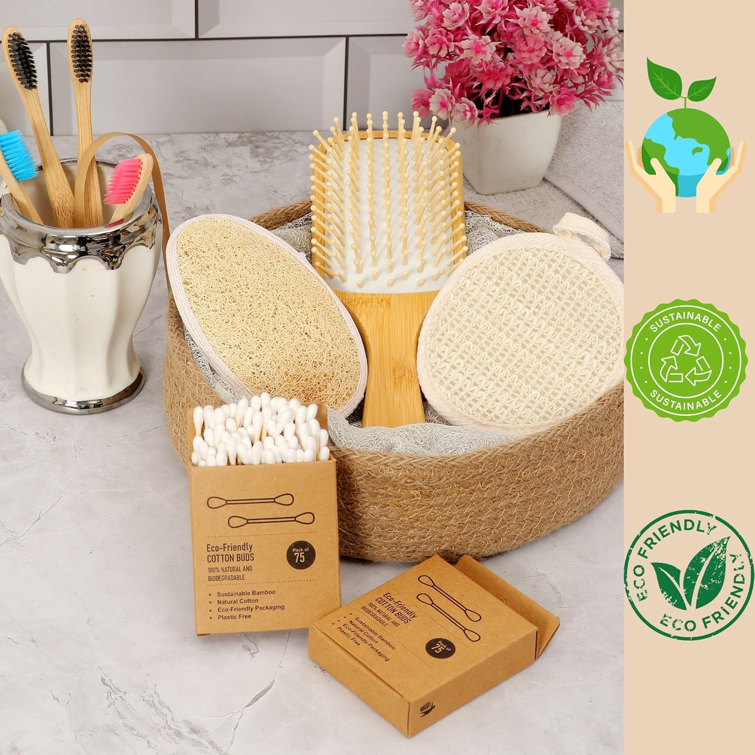 Bathroom Bliss Set | Eco Friendly Bathroom Essentials Gift Set – Gift Hampers on Brown Living™. SKU: KOE017-GP8. Img 8.