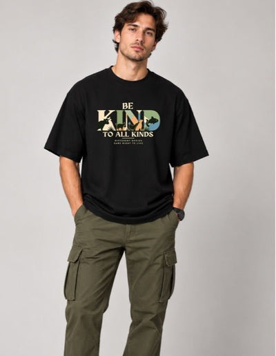 Be Kind To All Kinds Unisex Cotton T-Shirt | Men's Vegan Graphic Tee – Mens T-Shirt on Brown Living™. SKU: beKindAllBlackMSWS. Img 1.