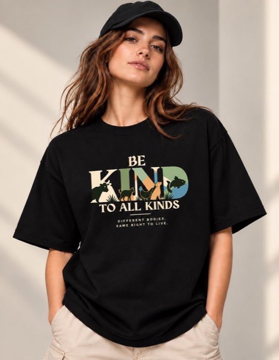 Be Kind To All Kinds Women's Cotton T-Shirt | Vegan Graphic Tee – Womens T-Shirt on Brown Living™. SKU: beKindAllBlackFSWS. Img 1.