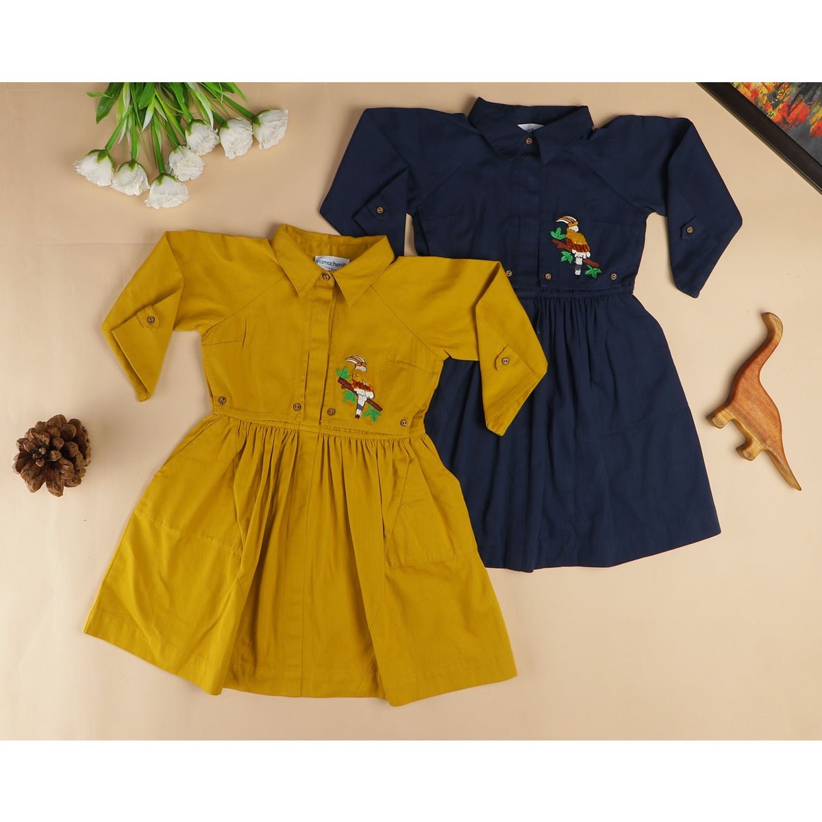 Beaky Hornbill Trench Style Dress | Cotton Dress for Girls – Kids Daywear Sets on Brown Living™. SKU: MCBL100BL. Img 6.