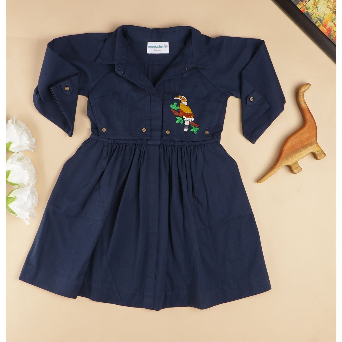 Beaky Hornbill Trench Style Dress | Cotton Dress for Girls – Kids Daywear Sets on Brown Living™. SKU: MCBL100BL. Img 8.