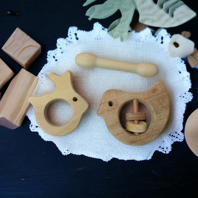 Beautiful Dove Rattle & Dumbbell, Rabbit Shaped Teethers – Wooden Toys on Brown Living™. SKU: RT_DV-DBL-RBT. Img 1.