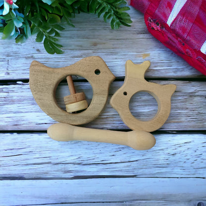 Beautiful Dove Rattle & Dumbbell, Rabbit Shaped Teethers – Wooden Toys on Brown Living™. SKU: RT_DV-DBL-RBT. Img 3.