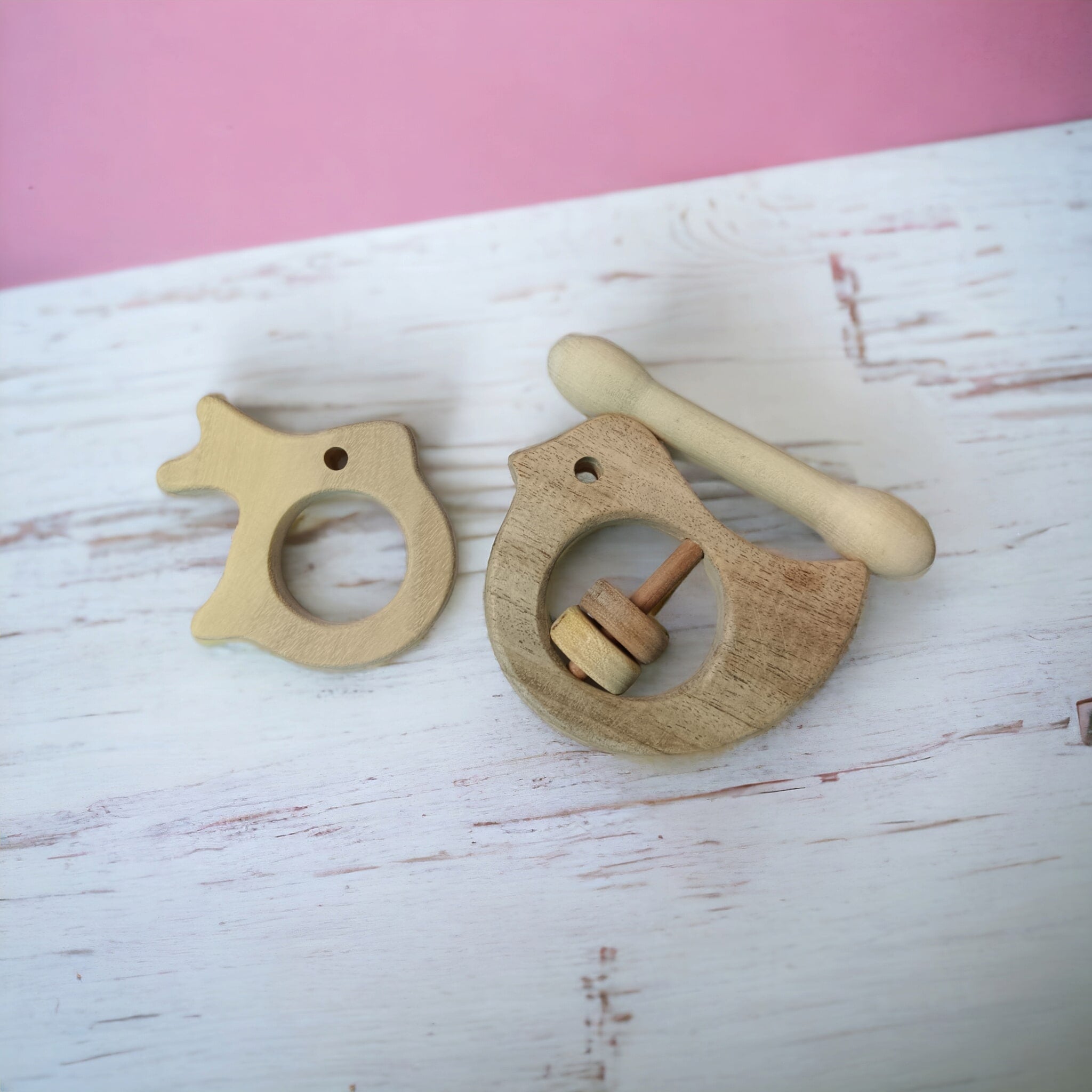 Beautiful Dove Rattle & Dumbbell, Rabbit Shaped Teethers – Wooden Toys on Brown Living™. SKU: RT_DV-DBL-RBT. Img 4.
