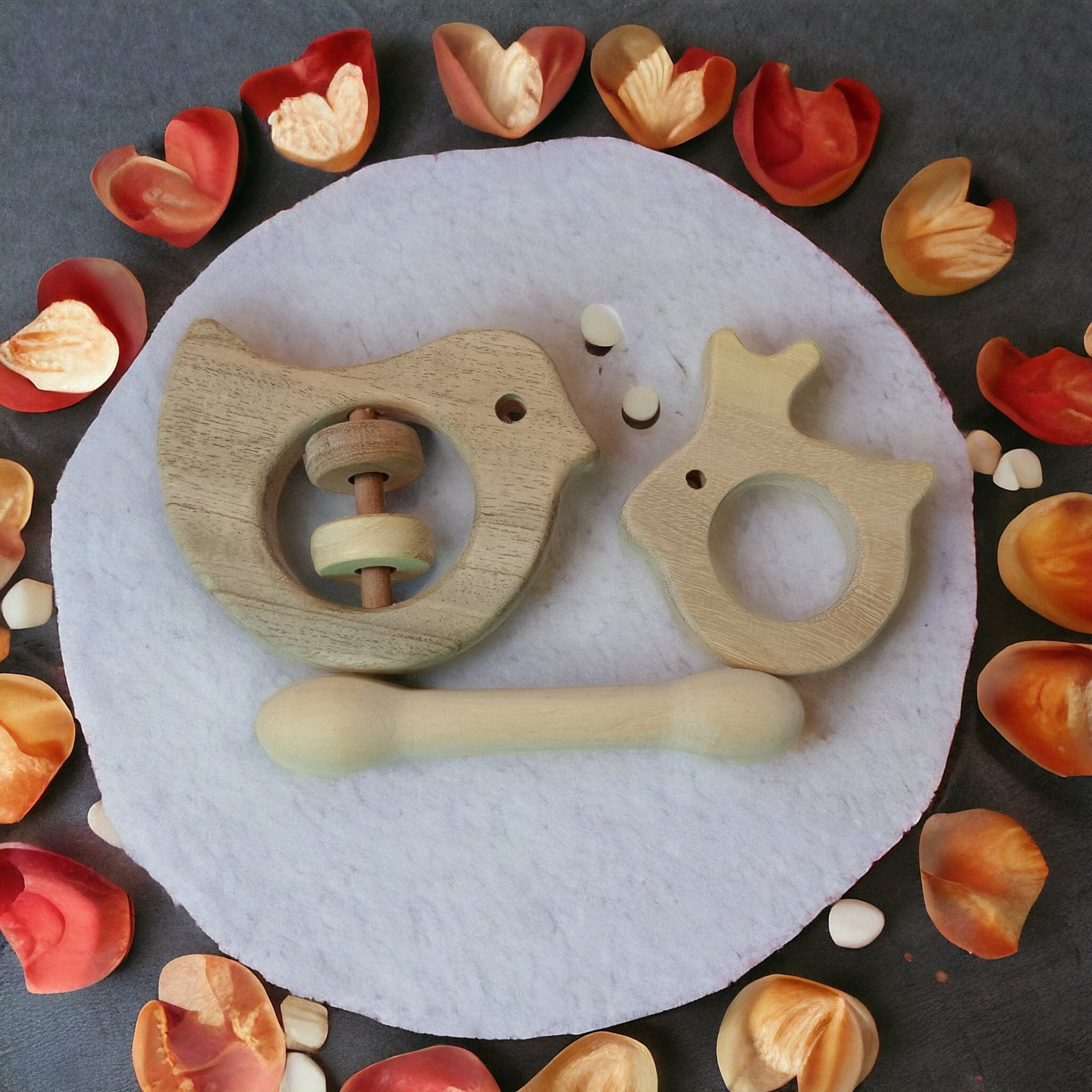 Beautiful Dove Rattle & Dumbbell, Rabbit Shaped Teethers – Wooden Toys on Brown Living™. SKU: RT_DV-DBL-RBT. Img 2.