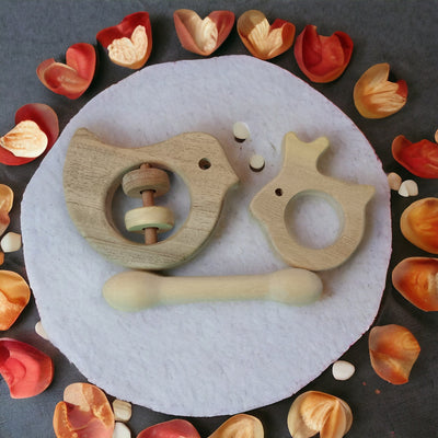 Beautiful Dove Rattle & Dumbbell, Rabbit Shaped Teethers – Wooden Toys on Brown Living™. SKU: RT_DV-DBL-RBT. Img 2.