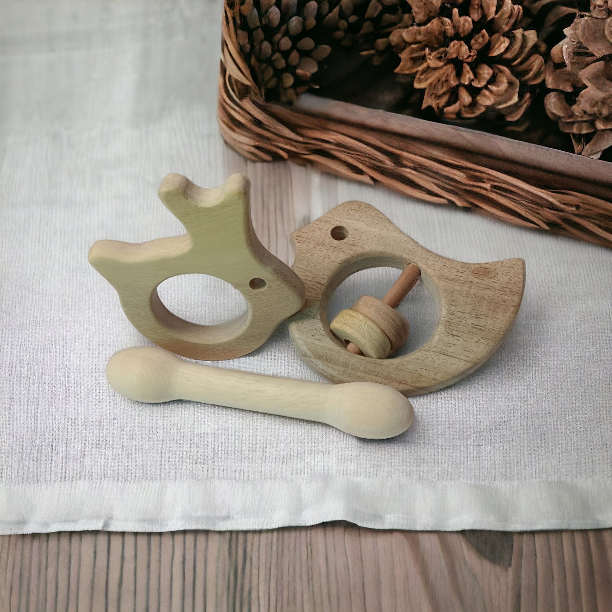 Beautiful Dove Rattle & Dumbbell, Rabbit Shaped Teethers – Wooden Toys on Brown Living™. SKU: RT_DV-DBL-RBT. Img 7.