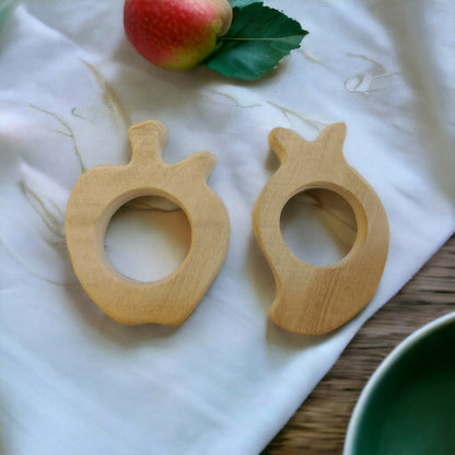 Beautiful Neem Wooden Teethers – Apple & Mango Shapes For Babies – Baby Teethers & Soothers on Brown Living™. SKU: T_APL-MNG. Img 1.