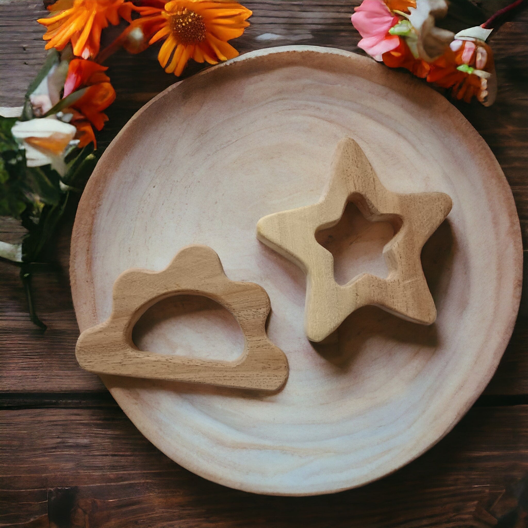 Beautiful Set Of 2 Neem Wooden Teethers – Star & Cloud Shapes – Baby Teethers & Soothers on Brown Living™. SKU: T_STR-CLD. Img 1.