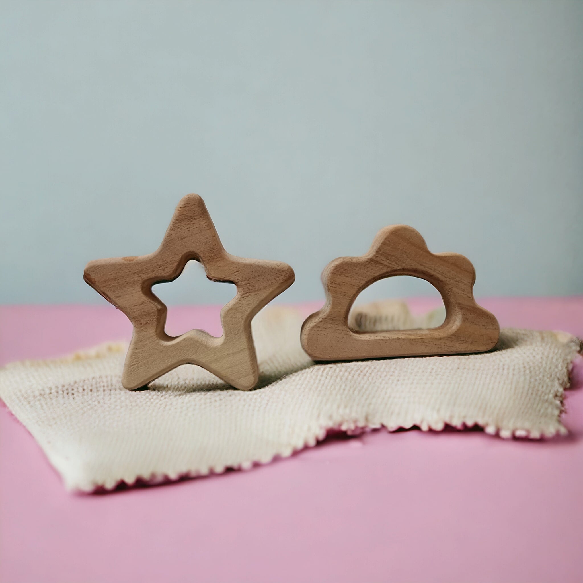 Beautiful Set Of 2 Neem Wooden Teethers – Star & Cloud Shapes – Baby Teethers & Soothers on Brown Living™. SKU: T_STR-CLD. Img 2.
