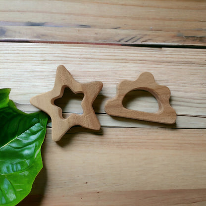Beautiful Set Of 2 Neem Wooden Teethers – Star & Cloud Shapes – Baby Teethers & Soothers on Brown Living™. SKU: T_STR-CLD. Img 3.