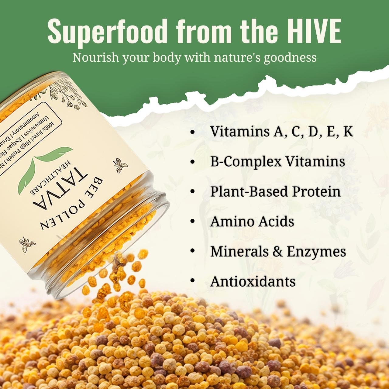 Bee Pollen 100% Raw & Unprocessed – Natural Plant Protein Boost – Aftermeals on Brown Living™. SKU: TAT-BP-100G. Img 6.