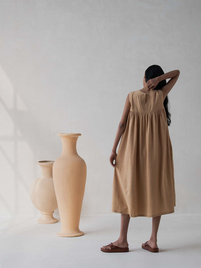 Beige Flared Gathered Cotton Dress for Women – Womens Dress on Brown Living™. SKU: DCSS25D05S. Img 7.