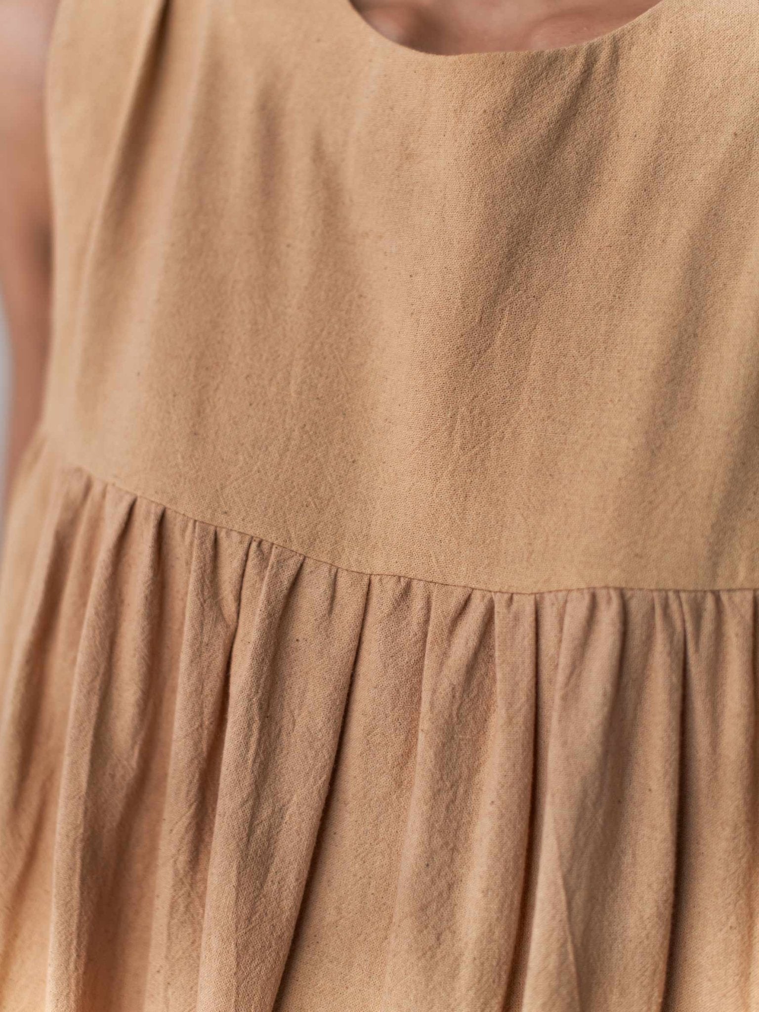 Beige Flared Gathered Cotton Dress for Women – Womens Dress on Brown Living™. SKU: DCSS25D05S. Img 2.
