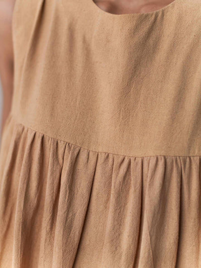 Beige Flared Gathered Cotton Dress for Women – Womens Dress on Brown Living™. SKU: DCSS25D05S. Img 2.