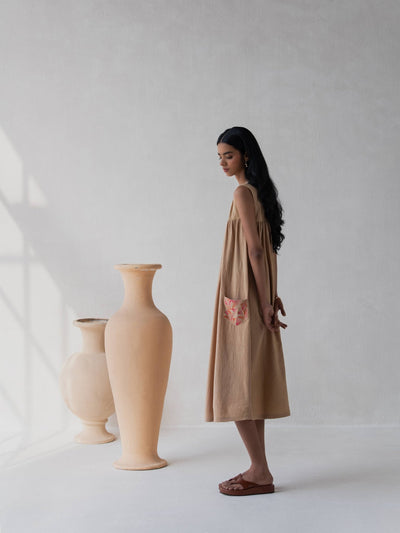 Beige Flared Gathered Cotton Dress for Women – Womens Dress on Brown Living™. SKU: DCSS25D05S. Img 5.