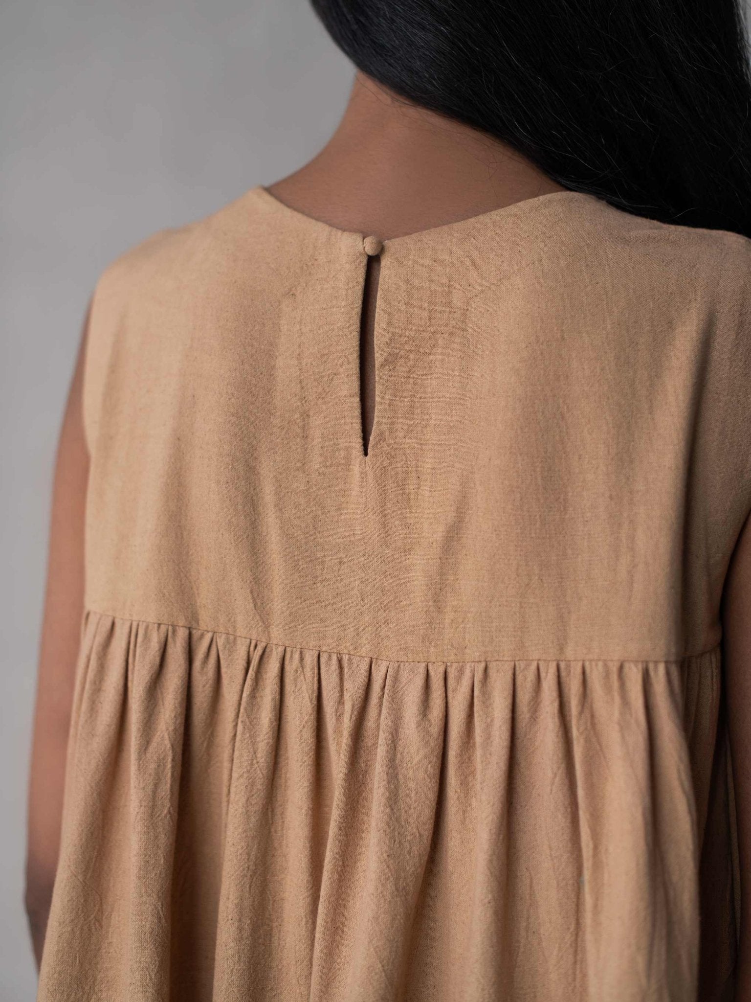 Beige Flared Gathered Cotton Dress for Women – Womens Dress on Brown Living™. SKU: DCSS25D05S. Img 3.
