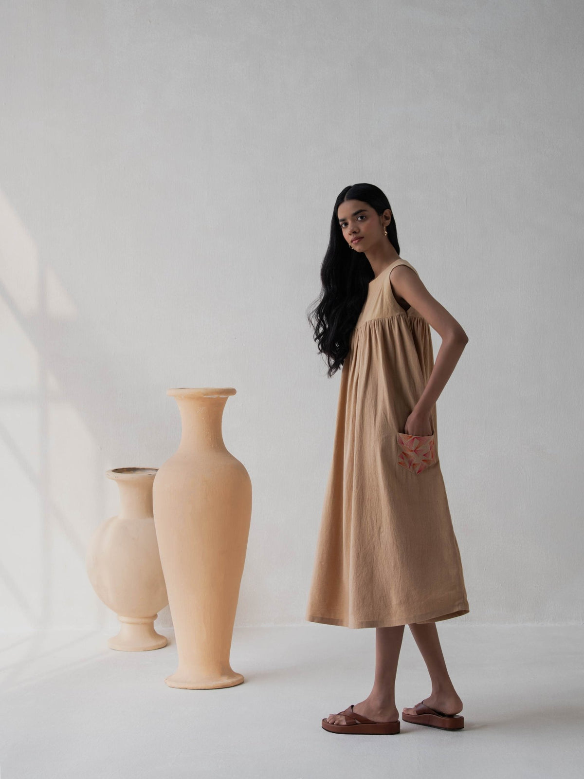 Beige Flared Gathered Cotton Dress for Women