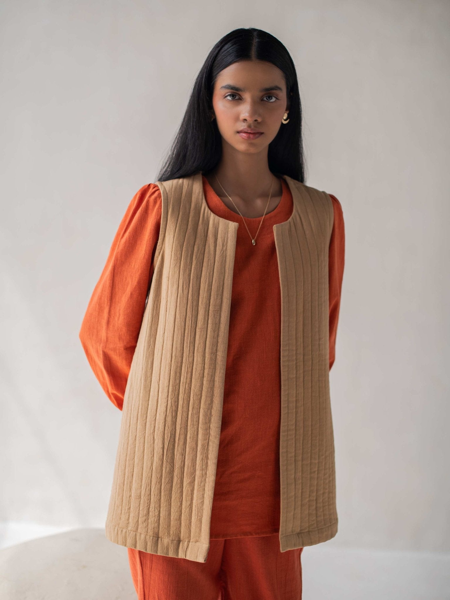 Beige Kala Front Open Quilted Cotton Jacket for Women – Womens Jacket on Brown Living™. SKU: DCSS25L05S. Img 1.