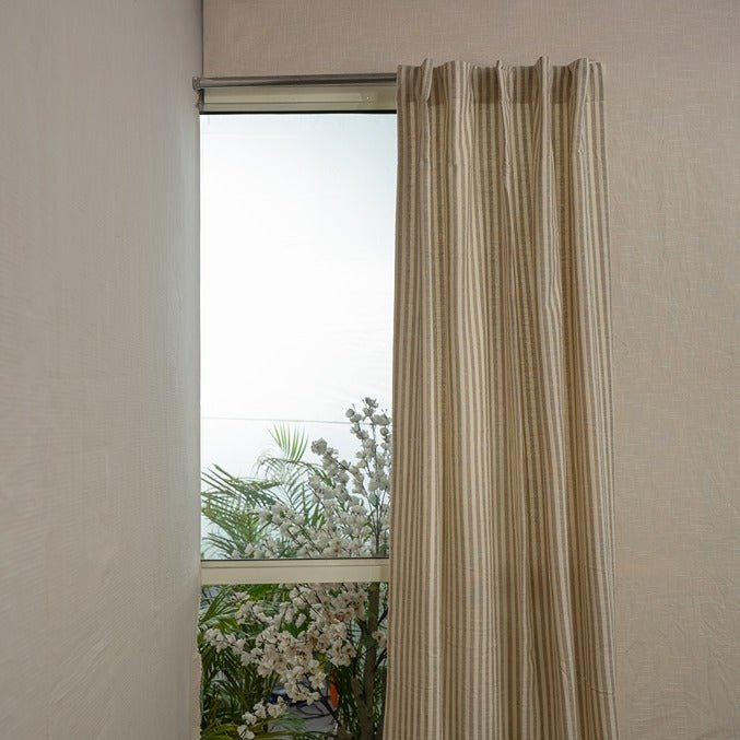 Beige Yarn Dyed Cotton Stripe Curtains | Modern Minimal Window Drapes – Curtains & Drapes on Brown Living™. SKU: el-0111. Img 1.