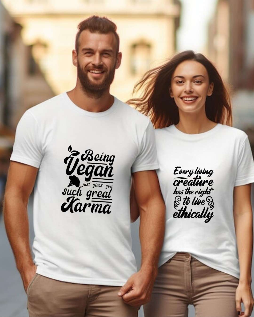 Being Vegan Is Great Karma Unisex Cotton T-Shirt | Relaxed Fit – Mens T-Shirt on Brown Living™. SKU: being-vegan-is-such-a-great-karma-unisex-White-S. Img 1.