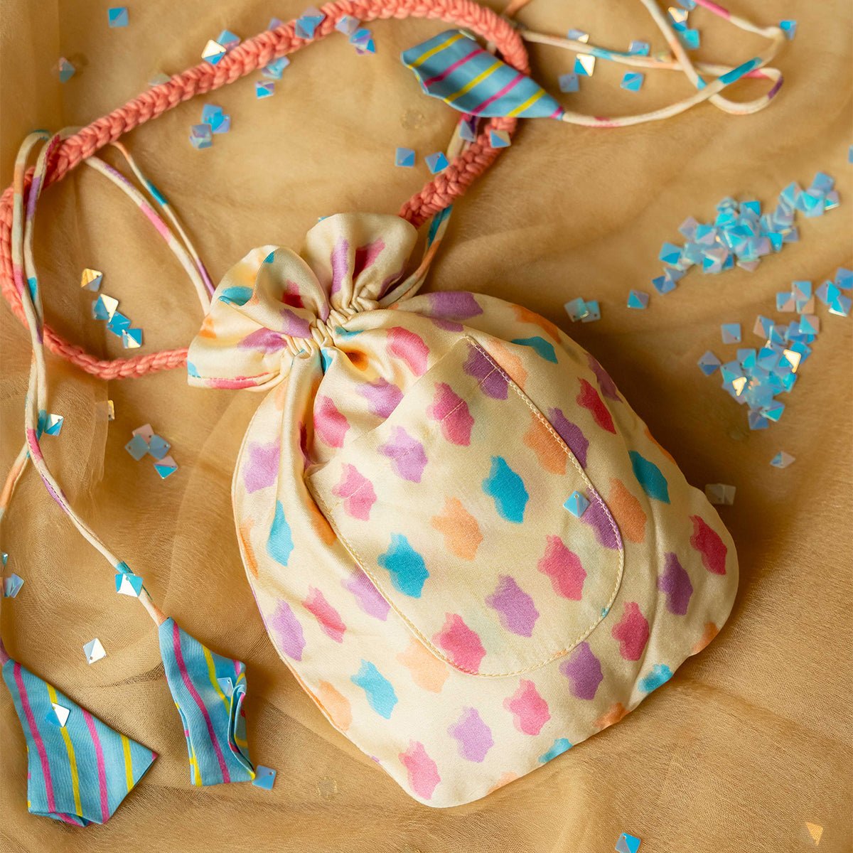 Belle Printed Potli Bag | Elegant Drawstring Pouch – Handbags on Brown Living™. SKU: AM-POT-Belle. Img 1.