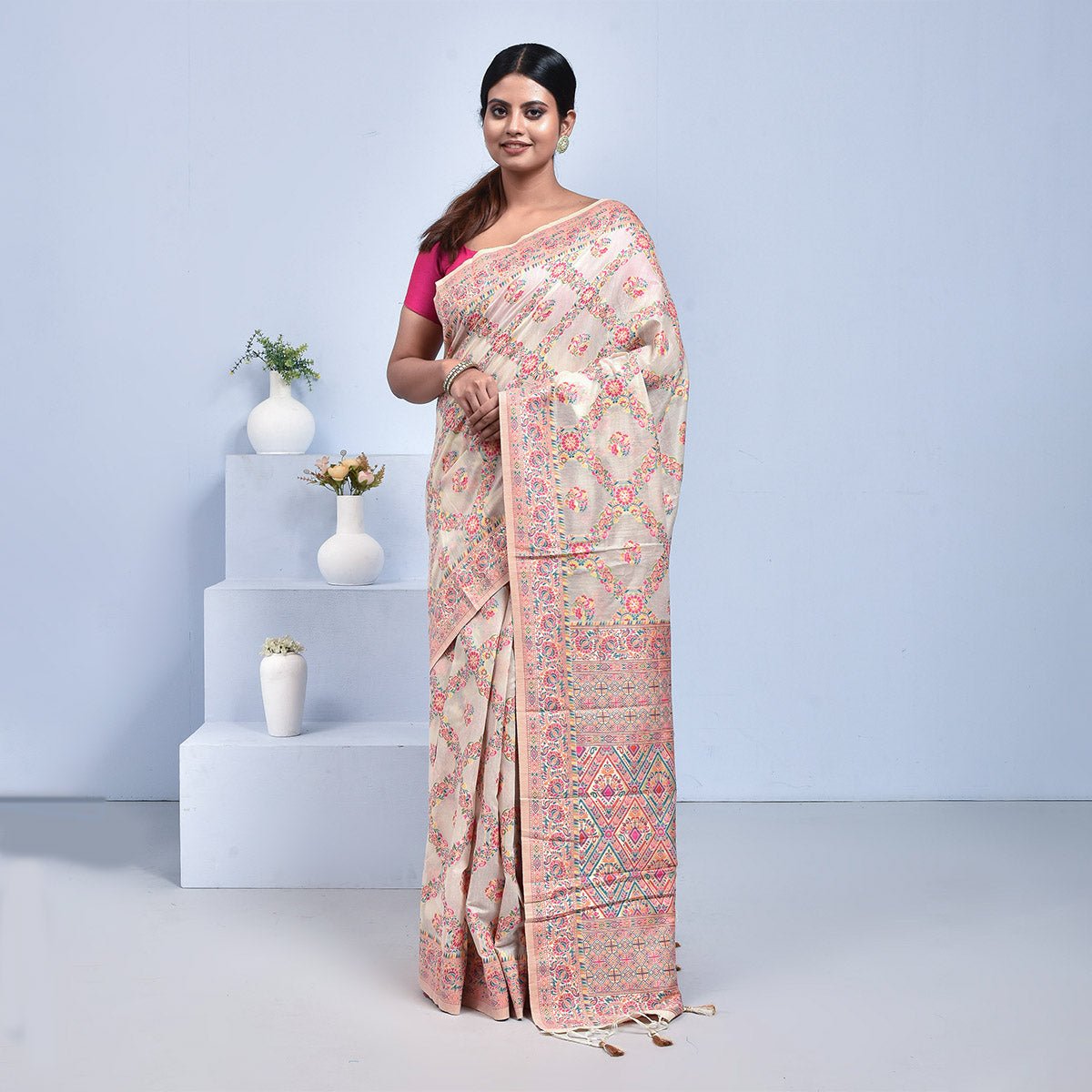 Bengal Pure Tussar Silk Saree – Womens Saree by Stotra available on Brown Living™. Beige - Meenakari Design . SKU: ST - TUS - MEN - BEI - 02. Img 4.