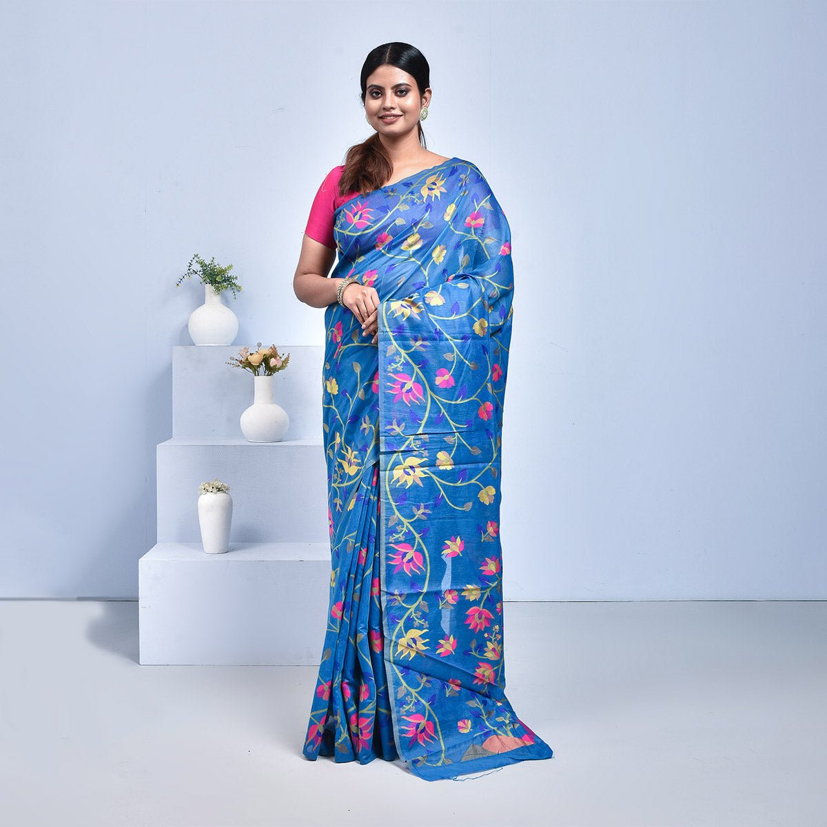 Bengal Pure Tussar Silk Saree – Womens Saree by Stotra available on Brown Living™. Blue - Lotus Design . SKU: ST - TUS - LOT - BLU - 04. Img 1.