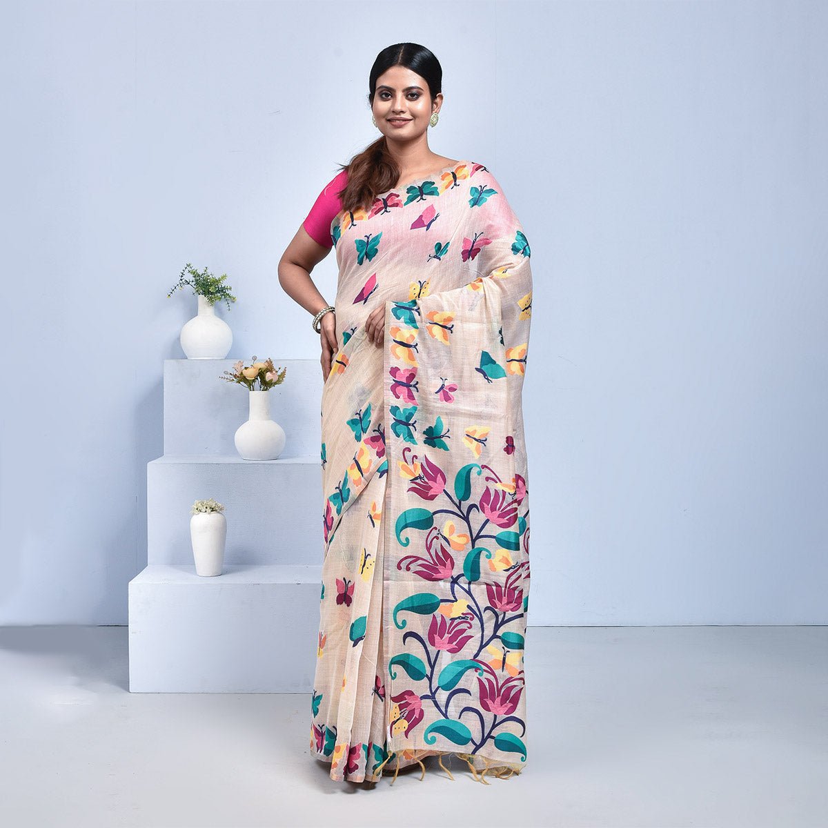 Bengal Pure Tussar Silk Saree – Womens Saree by Stotra available on Brown Living™. Off White - Butterfly Design . SKU: ST - TUS - BUT - OFF - 01. Img 3.